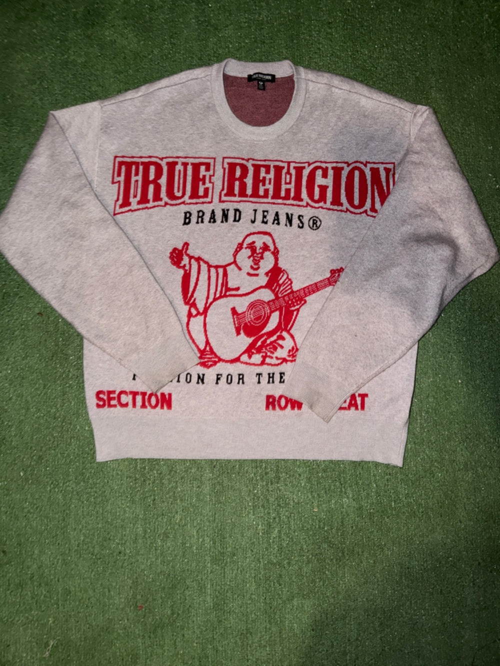 True Religion Light Gray Crewneck Sweater with Red Graphic Logo
